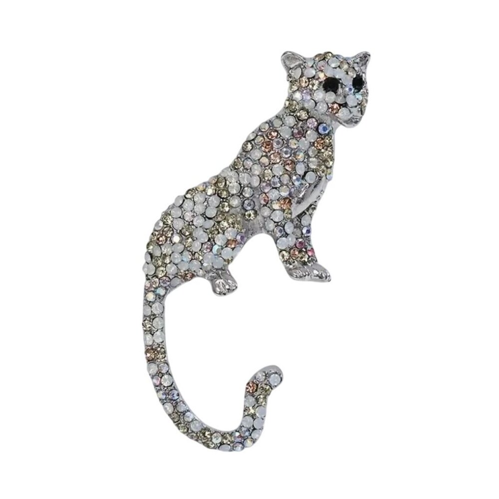 Elegant Crystal Cat Brooch Pin With Iridescent Crystals
